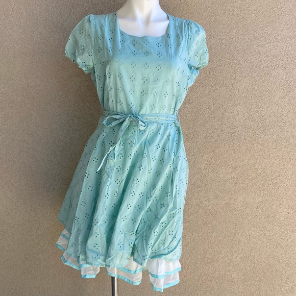 Mint Eyelet Crochet Fully Lined Belted Mini Dress - Picture 2 of 11